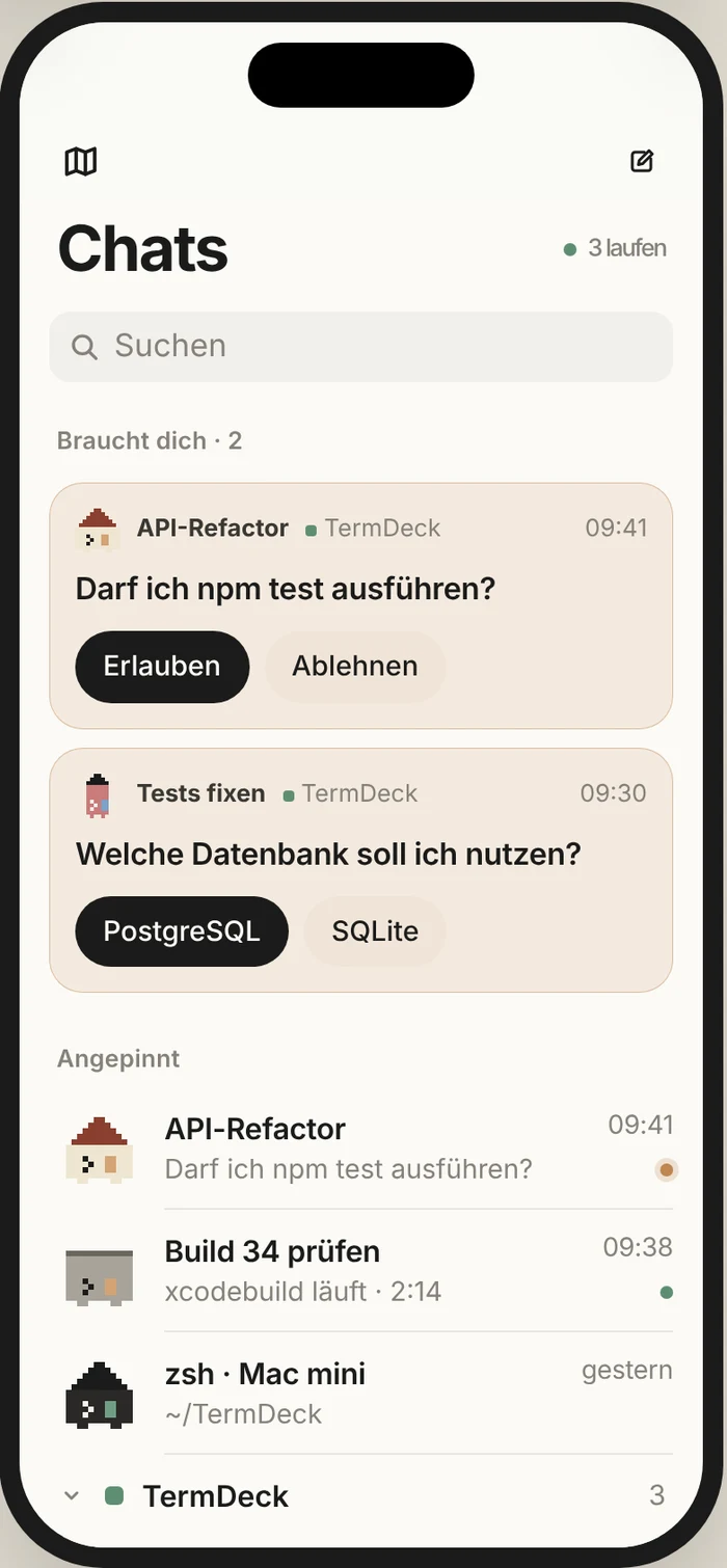 Dex on the iPhone: chat list with quick replies to approve or answer agent questions