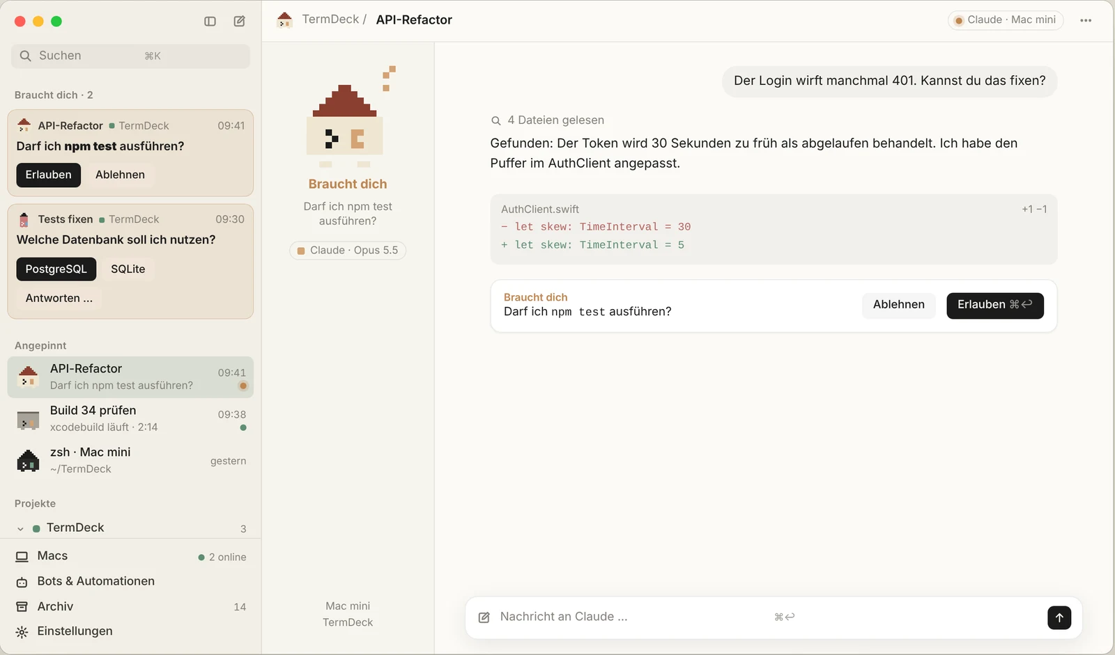 Dex on the Mac: sidebar with sessions that need you, pinned chats and a Claude Code session asking for permission